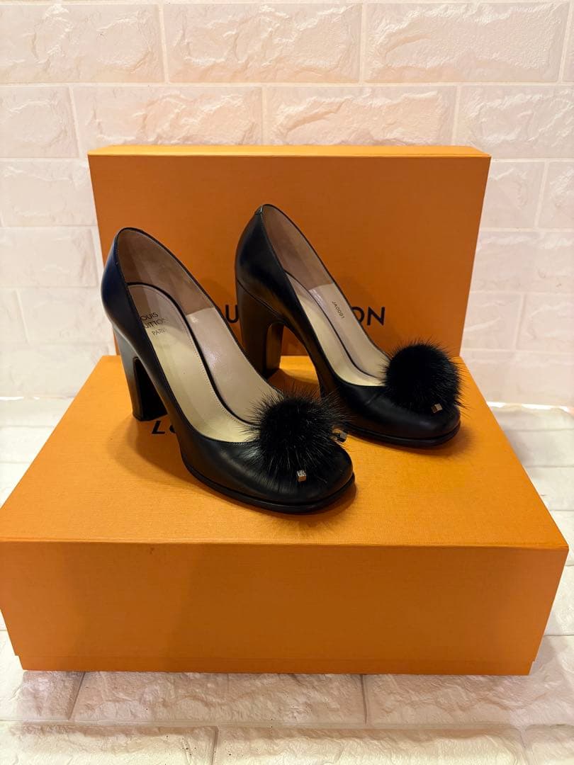 #LOUIS VUITTON ブラック レザーファー装飾ハイヒール#24.5cm
