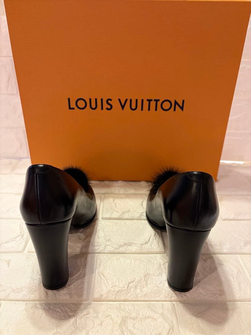 #LOUIS VUITTON ブラック レザーファー装飾ハイヒール#24.5cm