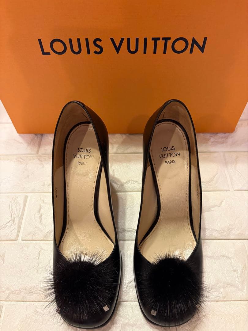 #LOUIS VUITTON ブラック レザーファー装飾ハイヒール#24.5cm