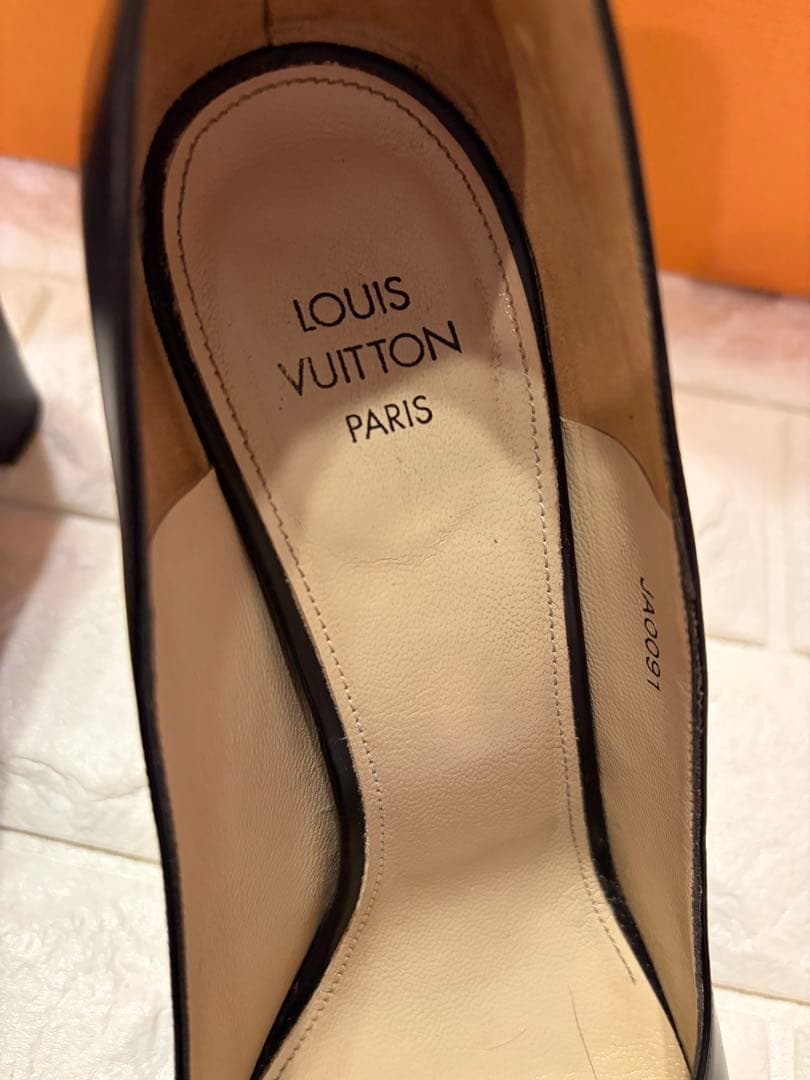 #LOUIS VUITTON ブラック レザーファー装飾ハイヒール#24.5cm