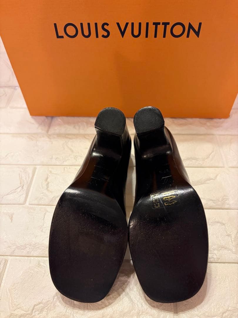 #LOUIS VUITTON ブラック レザーファー装飾ハイヒール#24.5cm