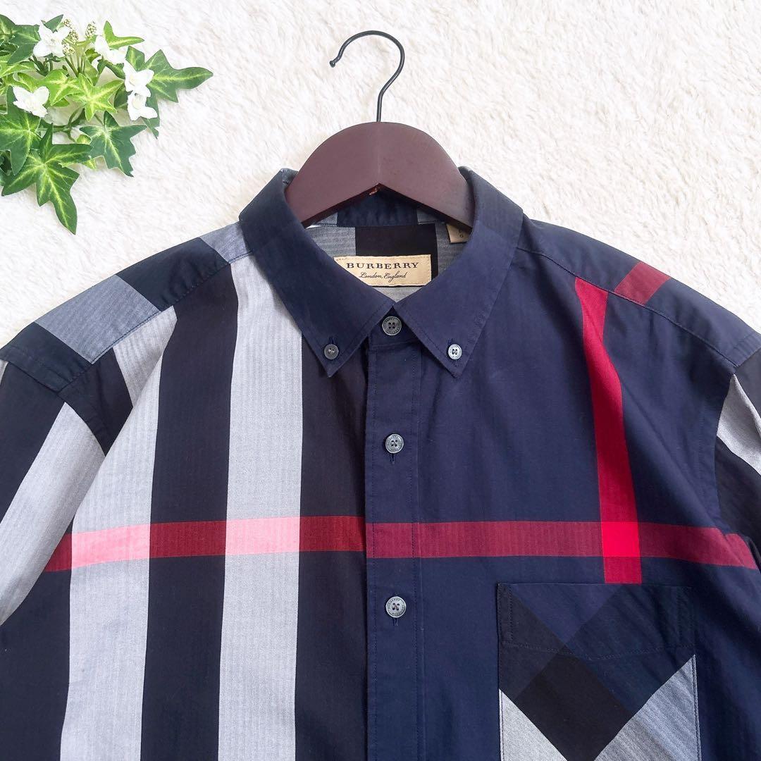 BURBERRY メガチェック 長袖 シャツ 襟つき ネイビー L 希少 美品