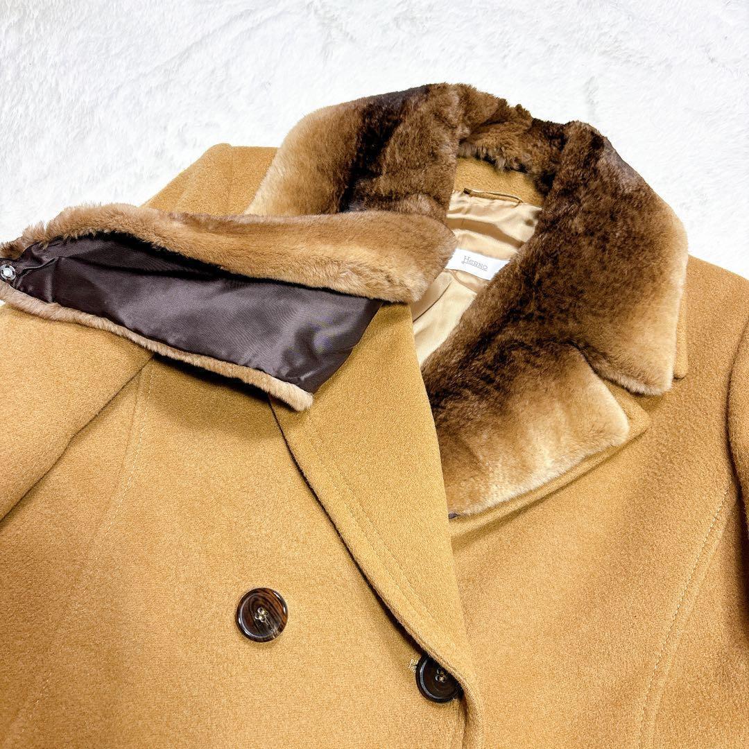 Herno ヘルノ キャメル ロングコート ファー付き 裏地 シルク キャメル