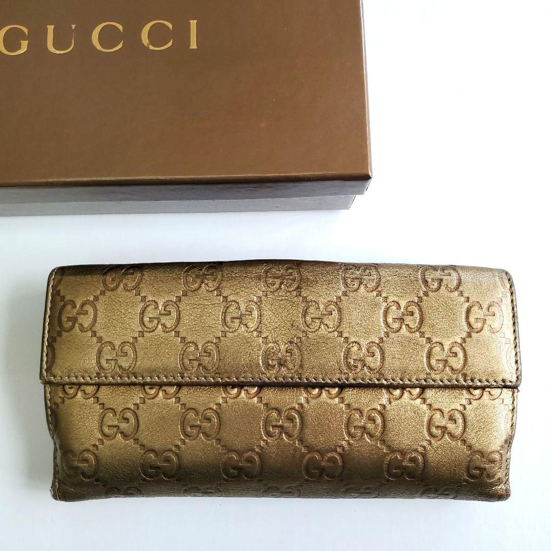 GUCCI グッチ 長財布 Wホック シマ GG ロゴプレート ゴールド
