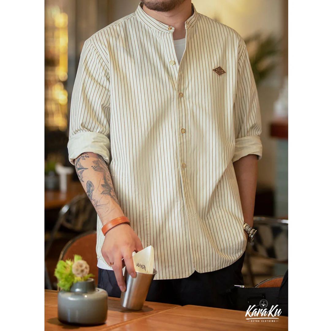 サイズL 新品 karaku カラク ベースボールストライプシャツ 長袖