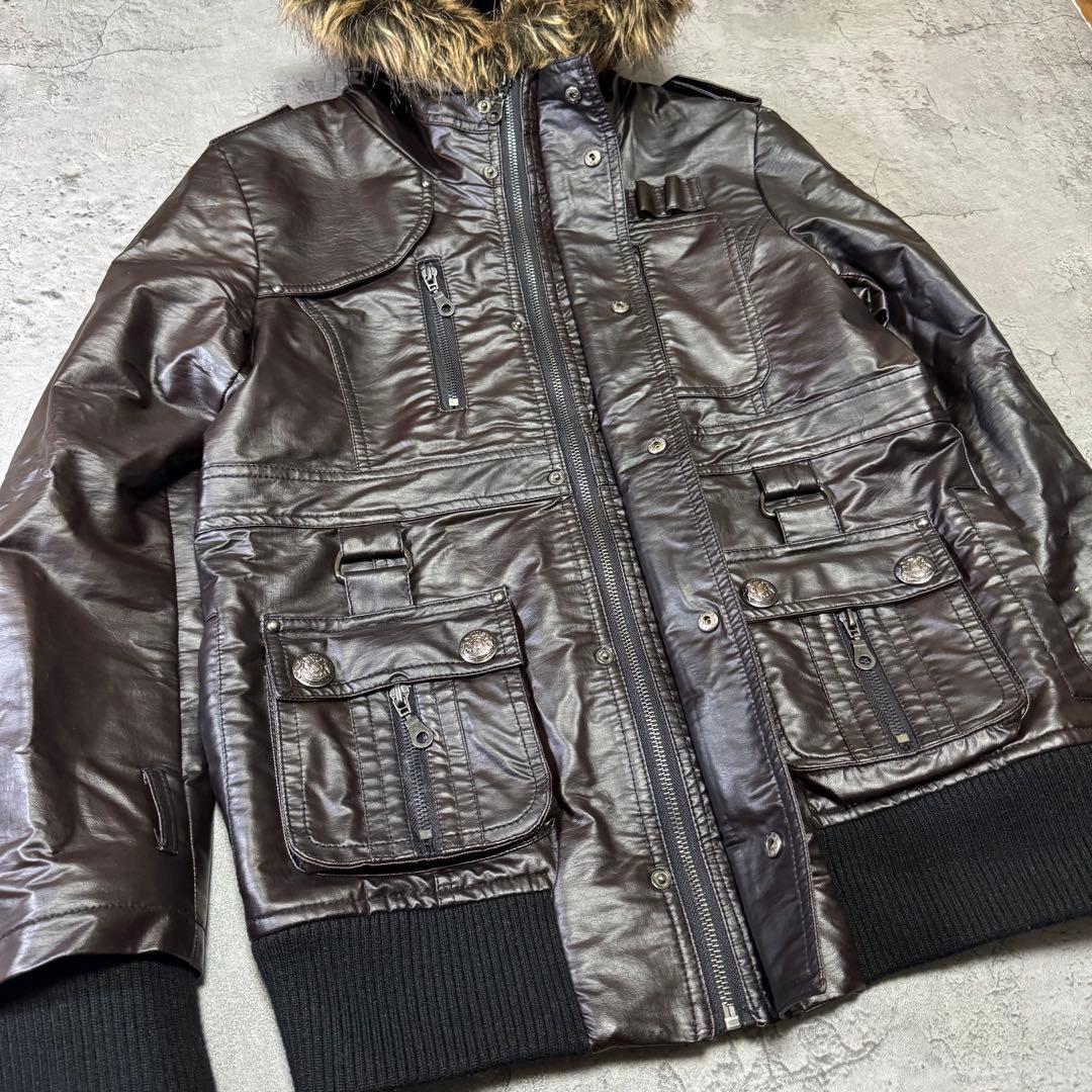 Y2K 短丈 ファー フェイクレザージャケット光沢 平成 お兄系 - メルカリ