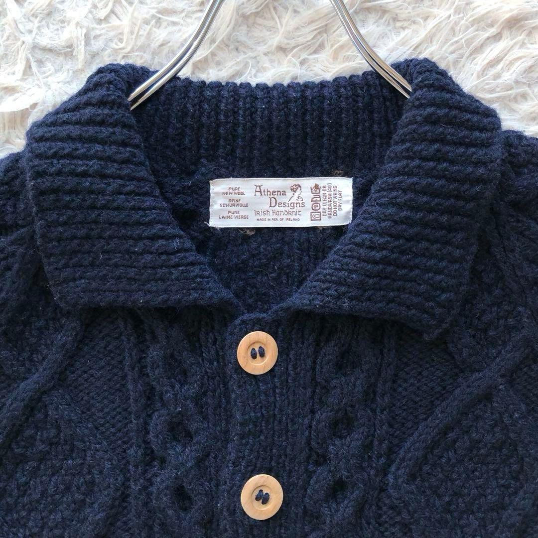美品アイルランド製】アテナデザイン アランニット カーディガン 紺