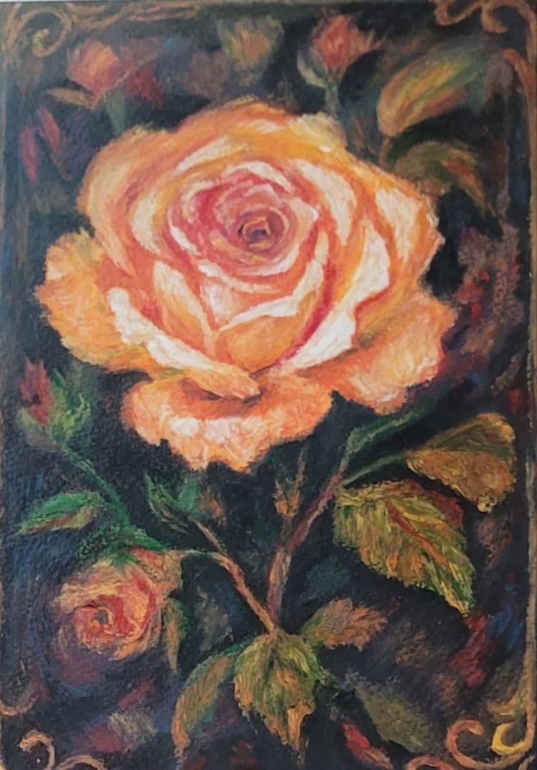 ​【原画】アンティーク調の薔薇 オイルパステル画（A4サイズ・額装済み）