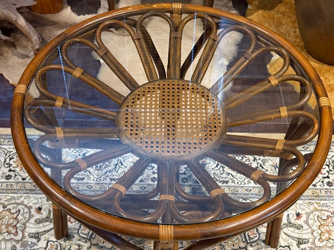 ラタン 籐家具 丸テーブル ダイニングチェア 台湾製 曲木 ビンテージ