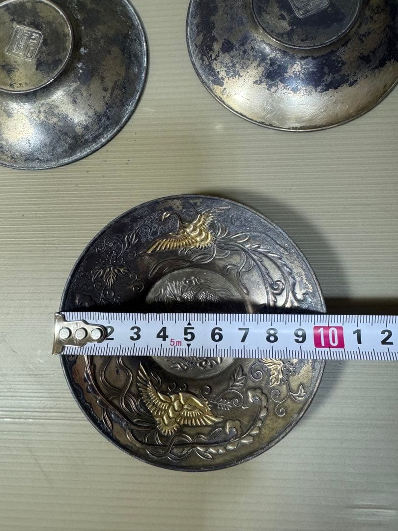 2257 時代 茶托 5客 龍文鳳凰 古銅 茶道具 金属工芸