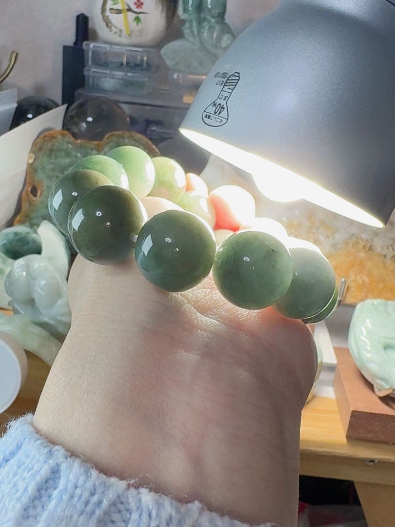 CS-0371天然本翡翠《本物保証》油青緑　天然翡翠 ブレスレット18cm