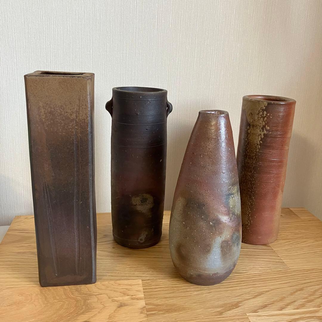 備前焼　花瓶　4点 茶道具 花入れ 置用 備前焼き 緋襷徳利 ひだすき 伊勢崎競作 備前焼