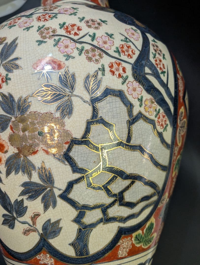 yos様専用有田焼 時代 伊萬里 染錦花鳥図 飾壷 大花瓶 78cm 在銘 金彩