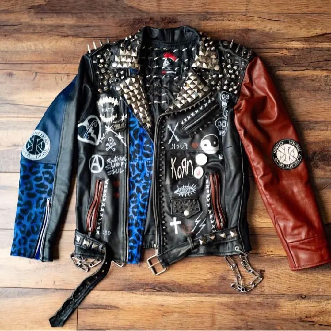 鋲ジャン 本革 レザーライダース ジャケット ロンジャン クラスト