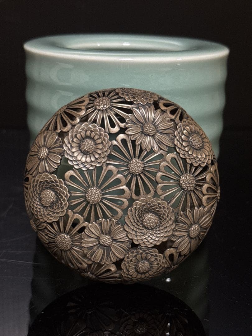 超絶技巧 金工師 在銘 純銀 火屋付 嘉光 造 青磁 輪線