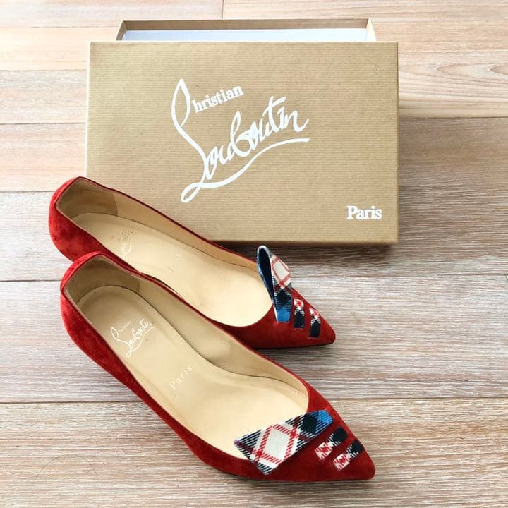 クリスチャンルブタン パンプス 赤 37 ローヒール レア ベロア23.5 24