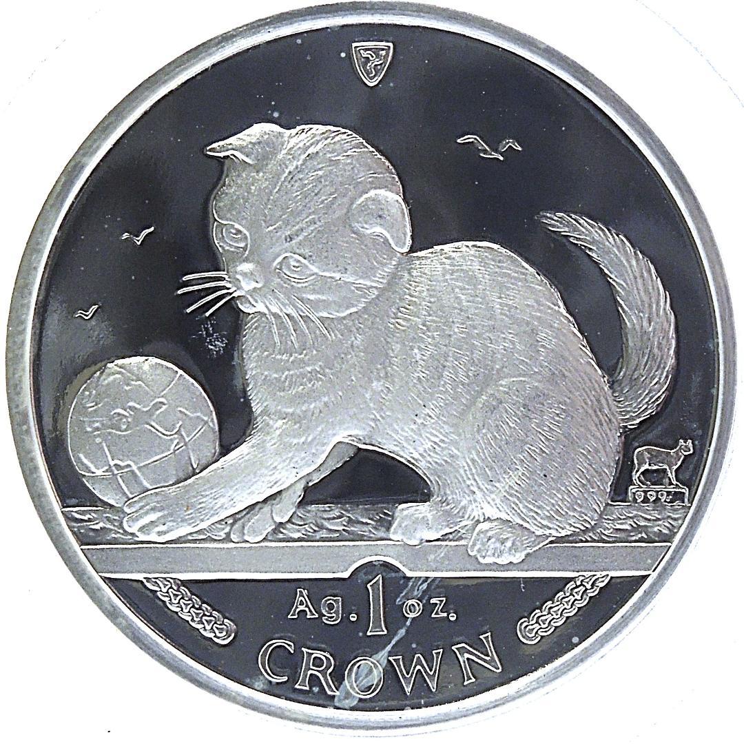世界に5枚 PCGS 69DCAM 地球で遊ぶ猫 2000 マン島 クラウン銀貨 80832