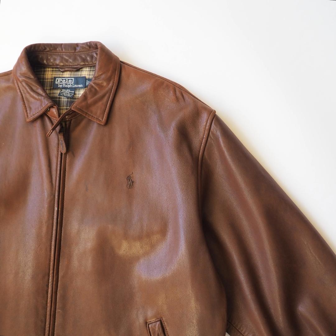 ラルフローレン シングルライダース 革ジャン ブラウン 裏地チェック