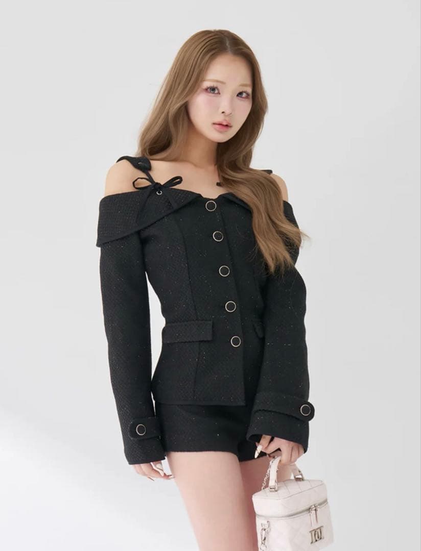 Darich ボンディングツイードオフショルチュニック ブラック ダーリッチ Darich ボンディングツイードオフショルチュニック