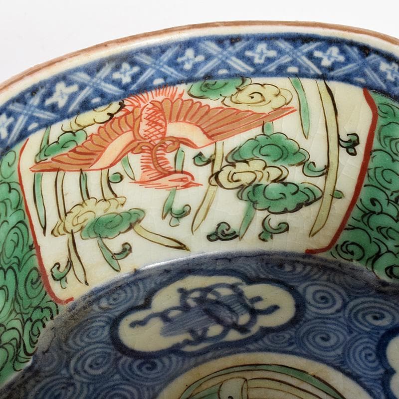 九谷焼 大聖寺伊万里 奇玉宝鼎之珍 色絵 木瓜形菓子鉢 時代箱付 V