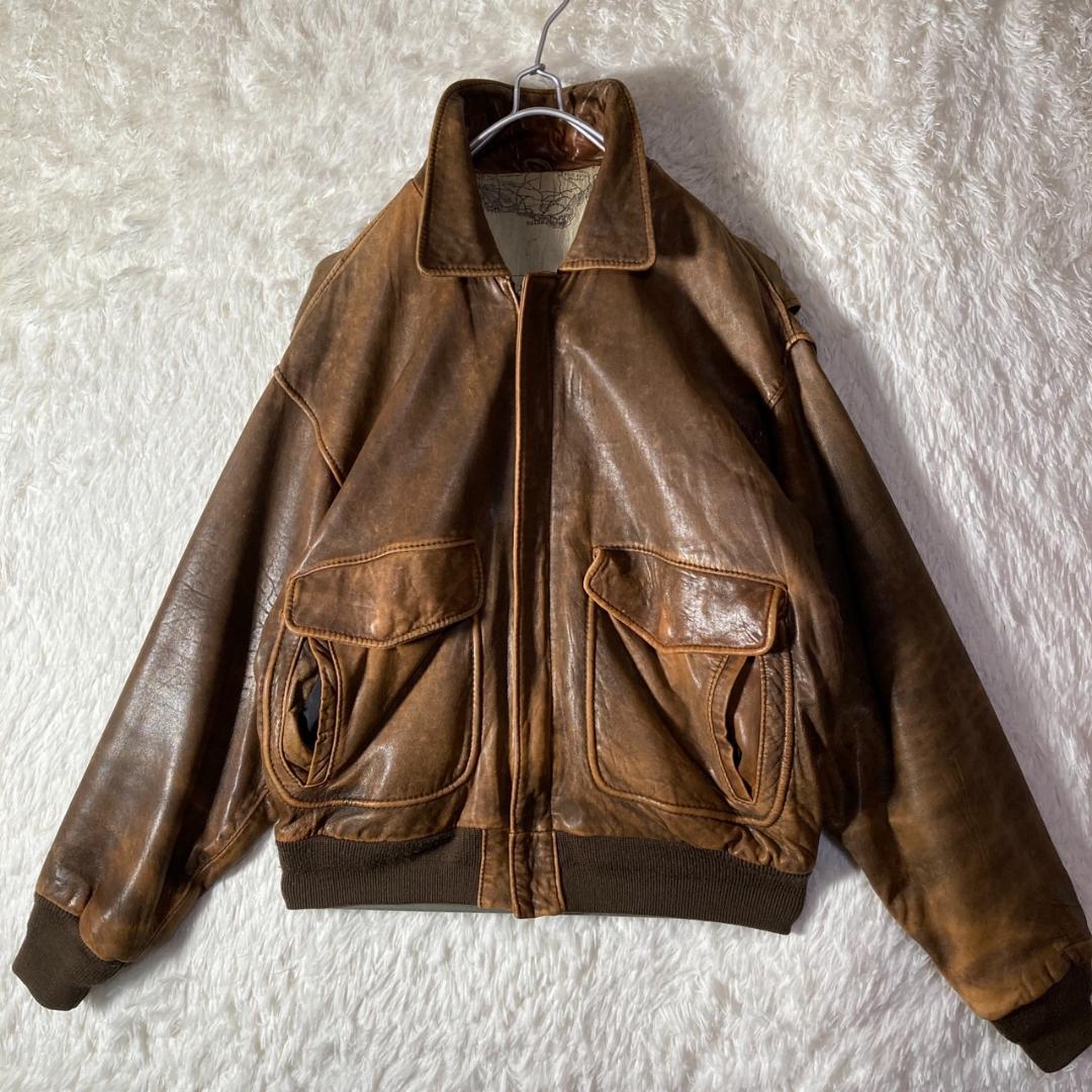 90s レザージャケット A-2 フライトジャケット 裏地 地図 総柄 L~XL