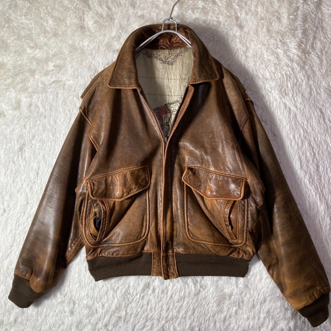 90s レザージャケット A-2 フライトジャケット 裏地 地図 総柄 L~XL
