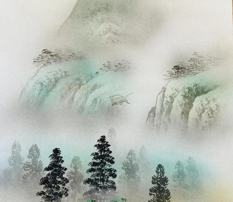 土田松月筆 四神守護山水 掛け軸 掛軸 肉筆 共箱 タトウ箱 縁起物日本