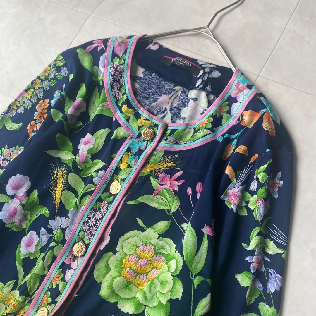 LEONARD レオナール 花柄 ノーカラージャケット ネイビー M相当 - メルカリ