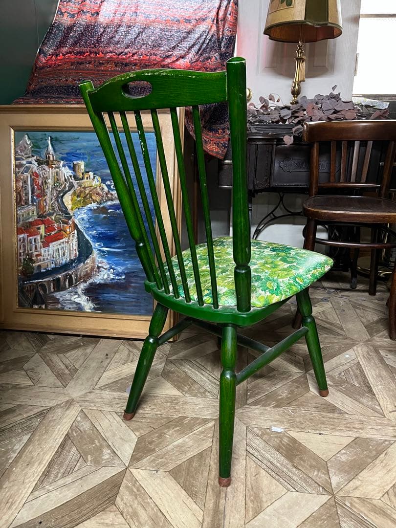 花柄 椅子 ダイニングチェアー 緑 グリーン 昭和レトロ 当時物 レトロ