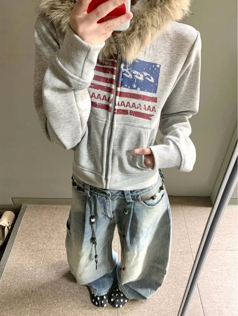 平成ギャル y2k ファー付きパーカー 星条旗 パンク サブカル 00s