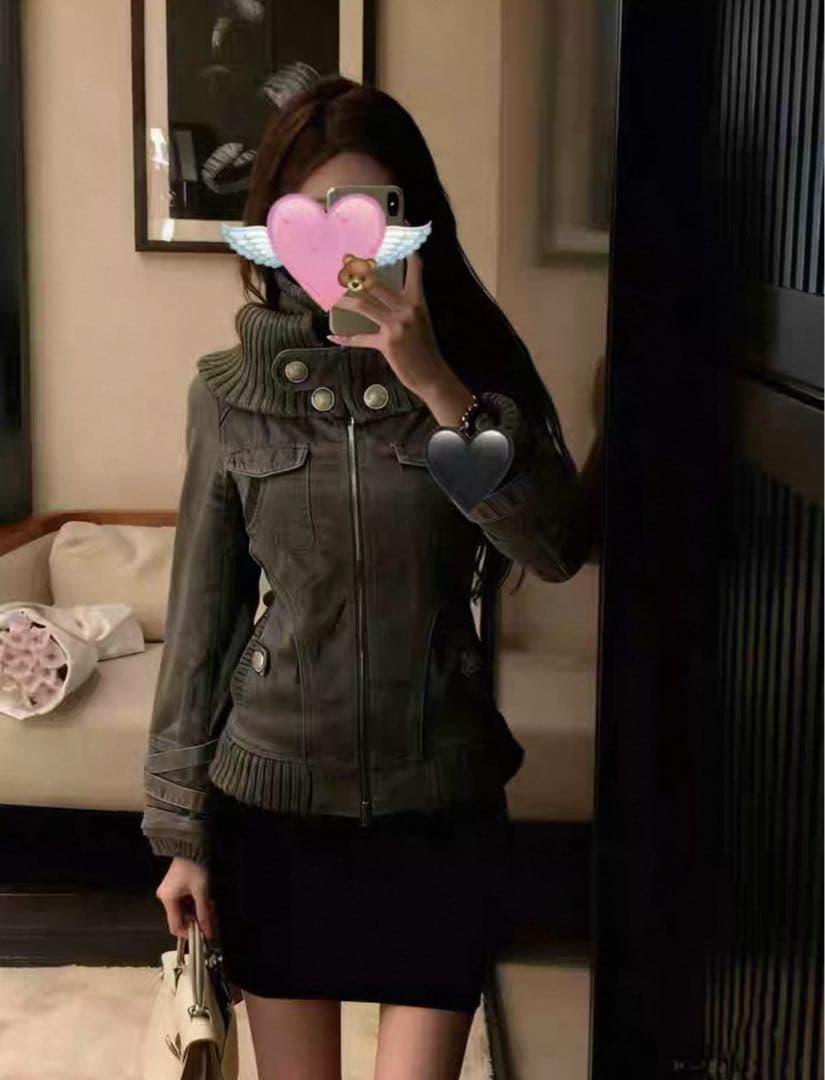 リブ襟 中綿ジャケット グレー ジップアップ ミリタリー風 Y2K 韓国