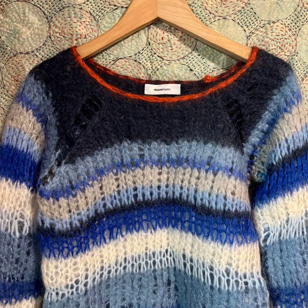 Maiami マイアミ】マルチボーダー モヘア ニット セーター 柄 青白