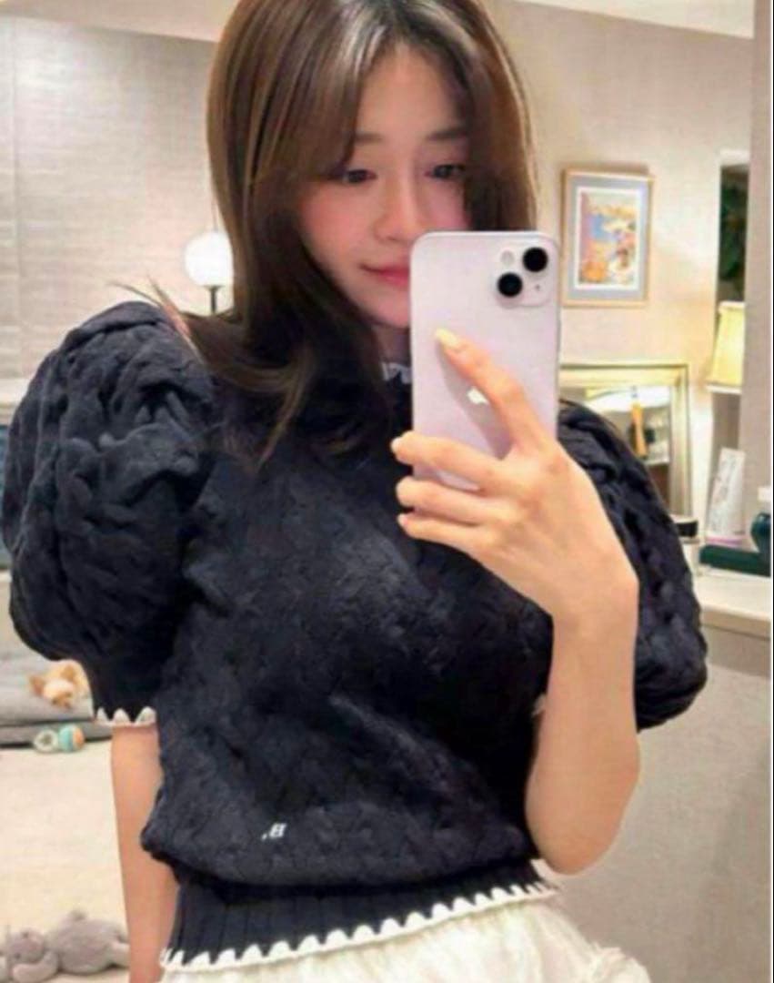 Bibiy ビビィ B.ケーブルパフニット 半袖 紺 Bロゴ パフスリーブニット