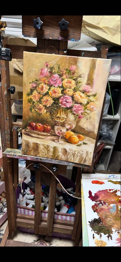 メイモモ　油彩画 バラと果物の静物