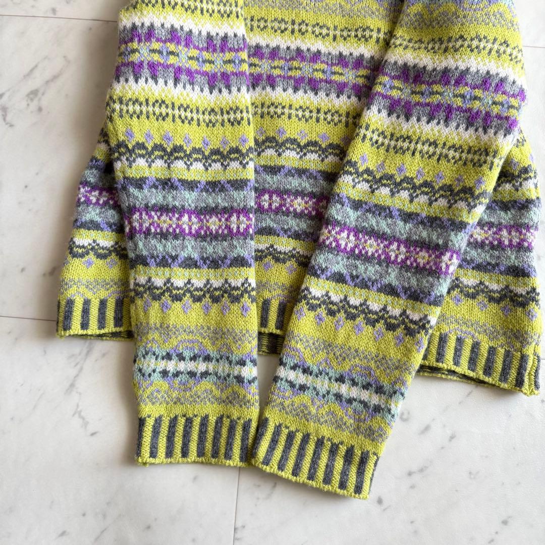 美品 エリべ フェアアイル柄 クルーネック ウールニット◇グリーン