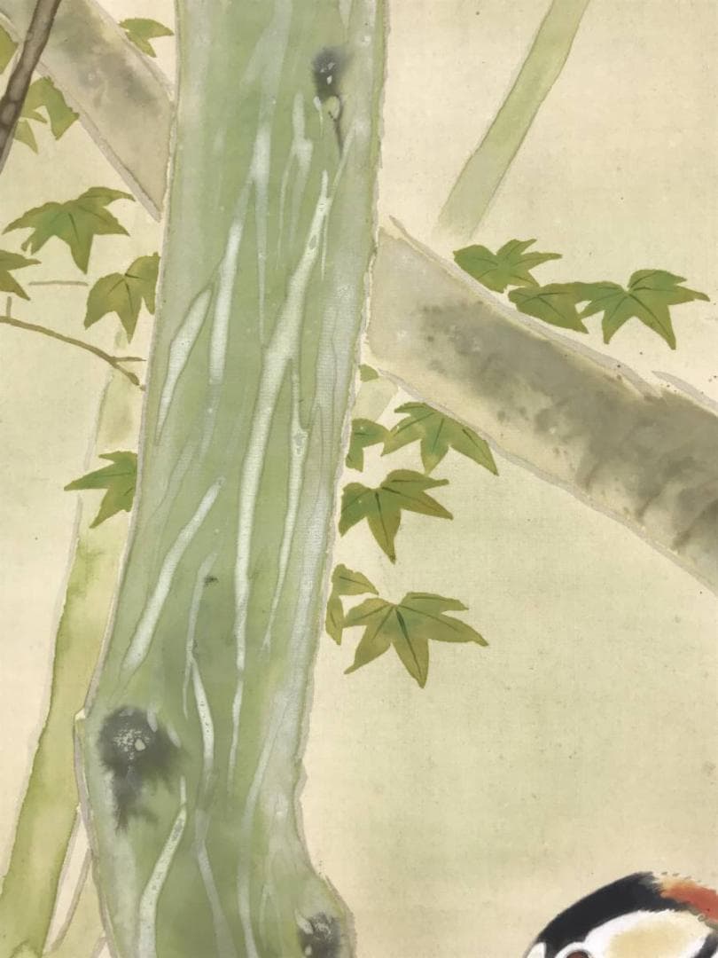 【真作】華章/キツツキ図/鳥図/花鳥図/掛軸/名家伝来/AD-261