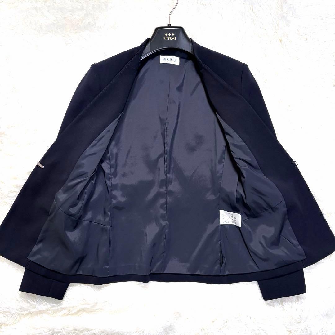 PLST セットアップ ストレッチ ノーラペル テーパード ネイビー S