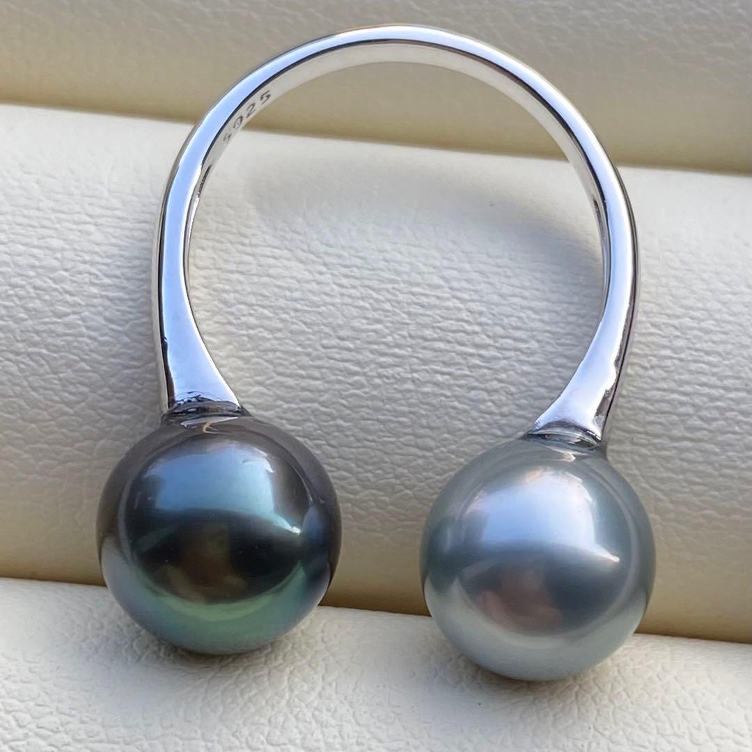 本真珠 南洋黒蝶真珠ダブルリング 9.3&9.1mmピーコックグリーンL1264