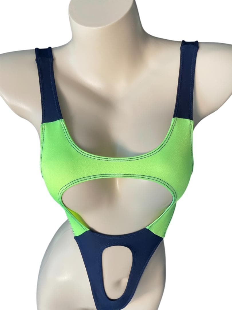 レオタード　ハイレグ　穴あき　蛍光イエロー×ネイビー