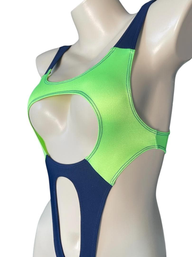 レオタード　ハイレグ　穴あき　蛍光イエロー×ネイビー