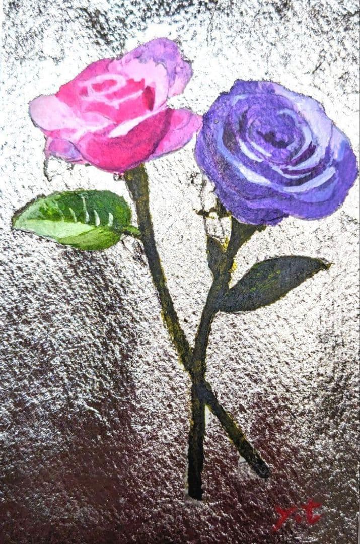 超美品！原画　最高級プラチナ箔を押したピンクと紫の薔薇　箔押し　アクリル画　絵画