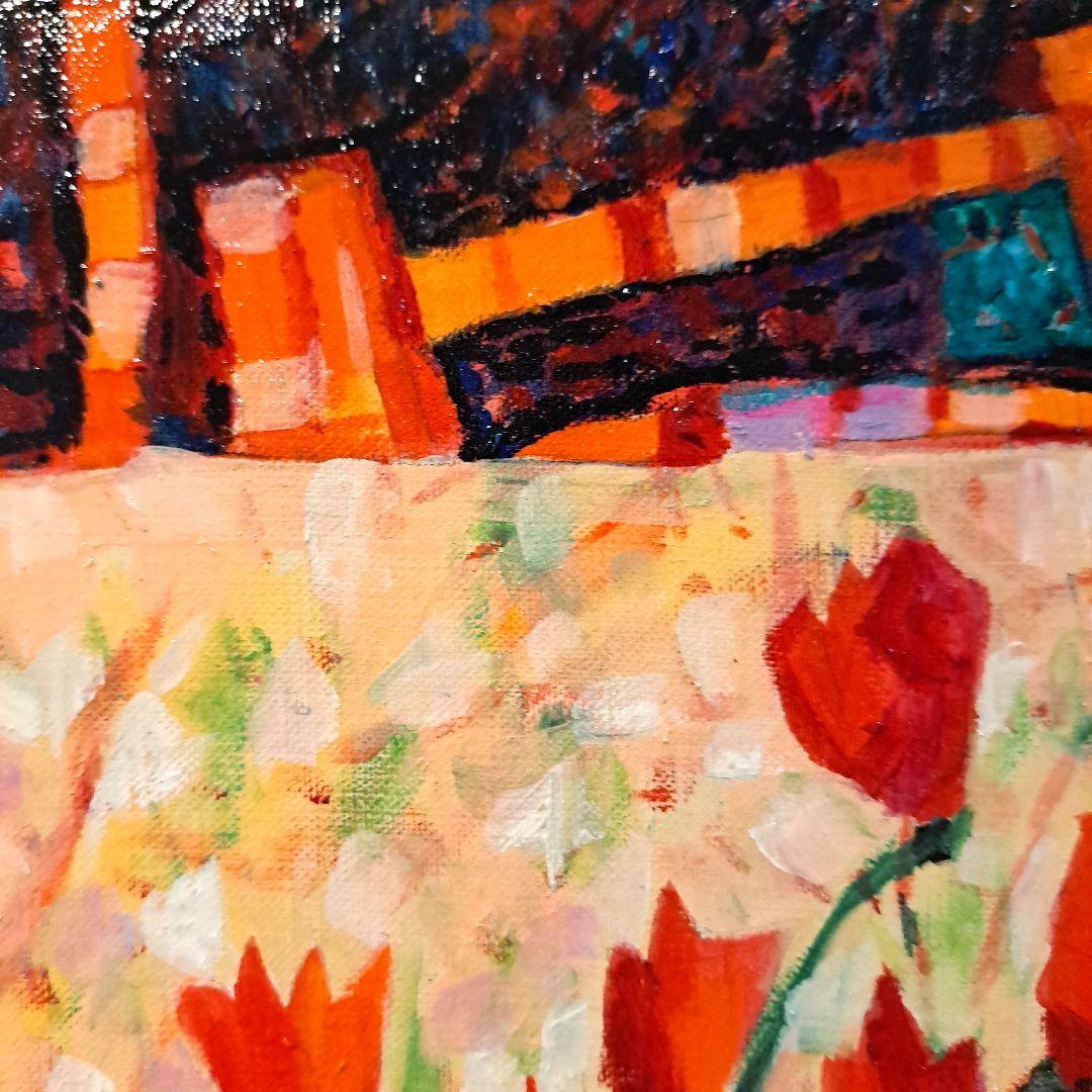 キャンバス油絵 いとを様専用 お花とビンとカップのあるテーブル