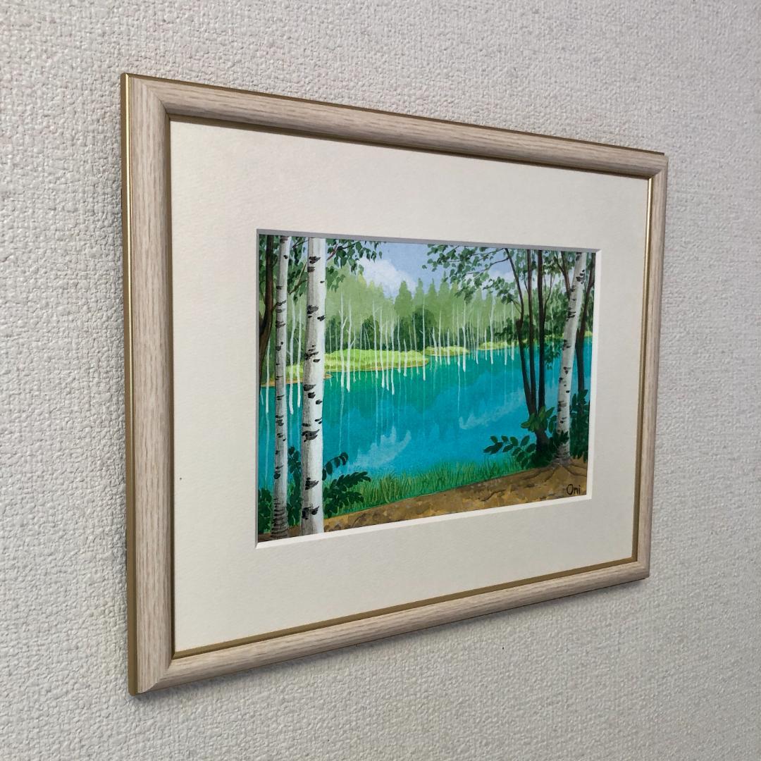 アクリル画　原画　「美瑛・青い池03」額縁付　SMサイズ　風景画