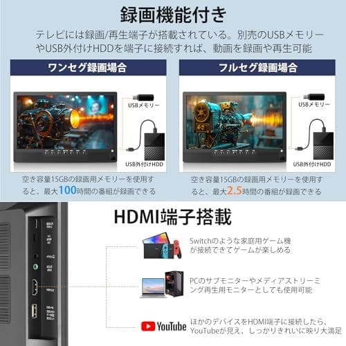 ポータブルテレビ 小型テレビ 14.1インチ 録画 HDMI搭載 3way電源