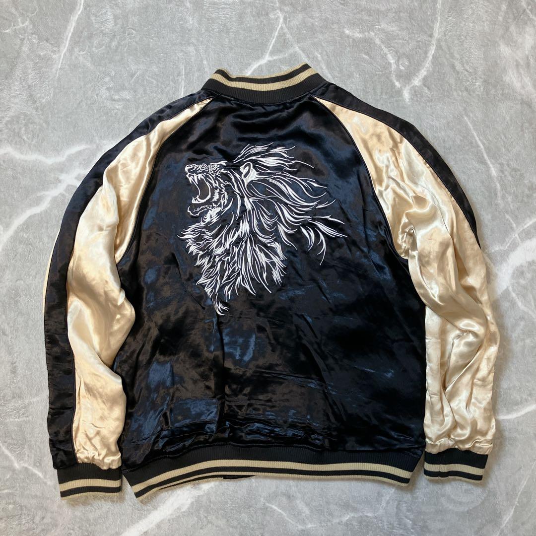 美品】 絡繰魂 粋 獅子咆哮 スカジャン リバーシブル 刺繍 和柄 L 黒 金