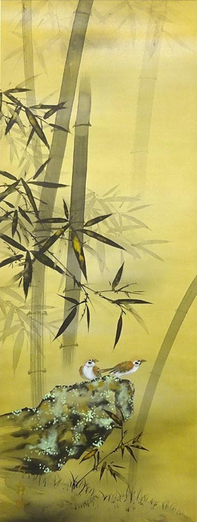 真作】掛軸 三浦大幹『竹に雀図』絹本 肉筆 共箱付 掛け軸 w053019