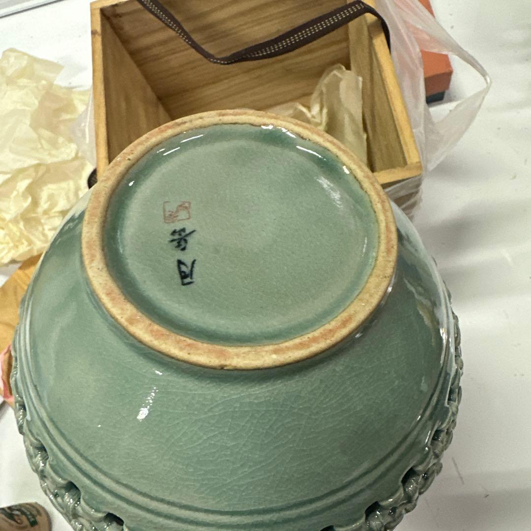古特選骨董☆高麗青磁 月岳在銘直径21.4cm高さ25cm耳付