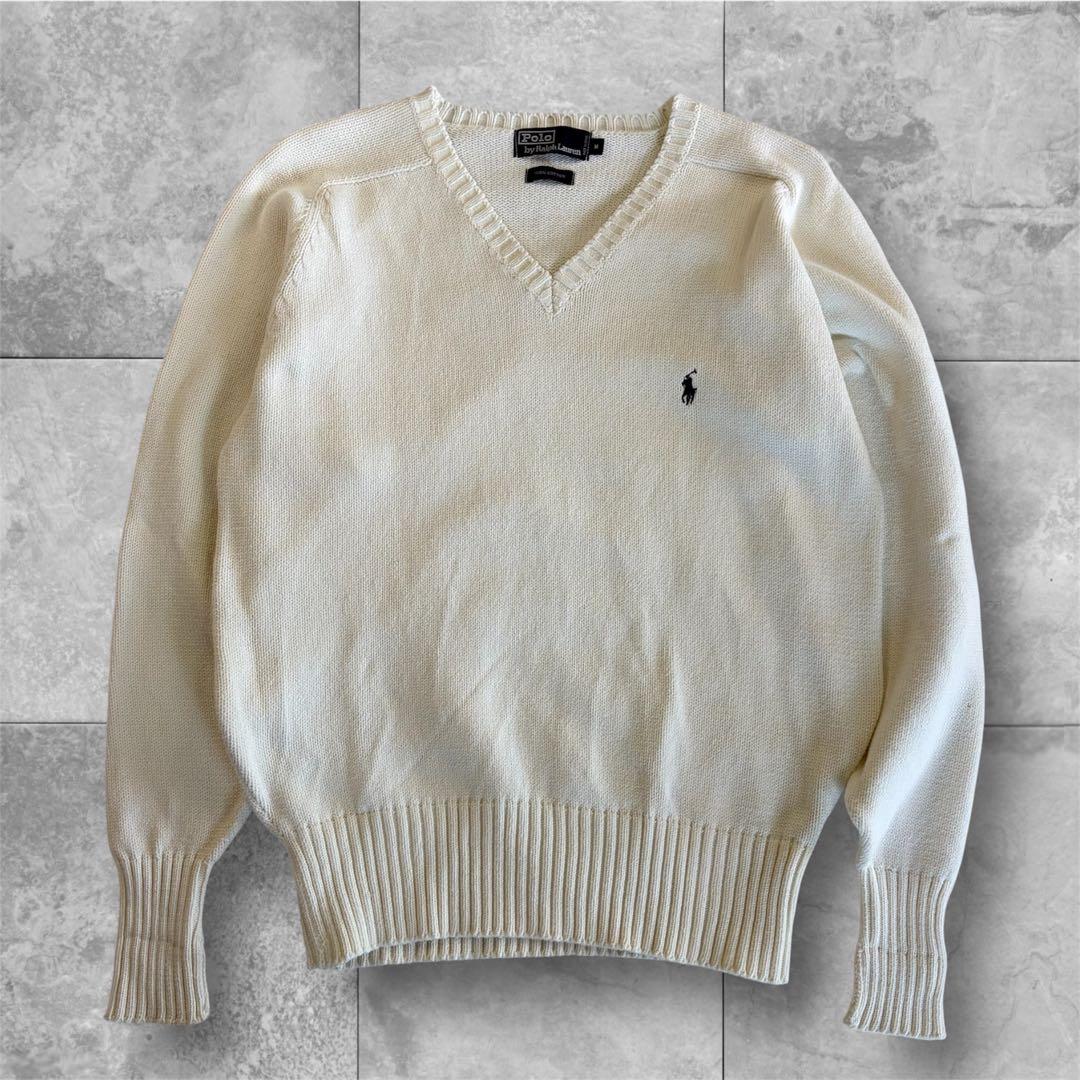 ポロ ラルフローレン ホワイト Vネックセーター M 綿 - メルカリ
