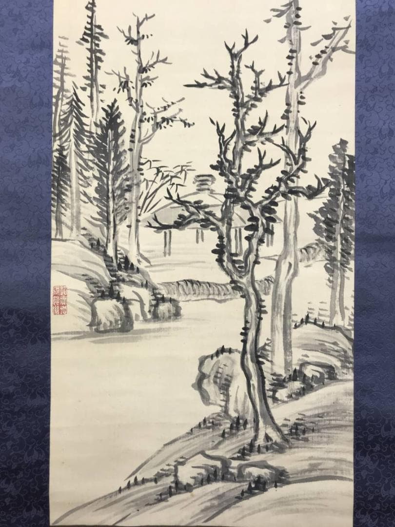 【真作】竹坡/山水画賛/山水図/掛軸/名家伝来/AD-205