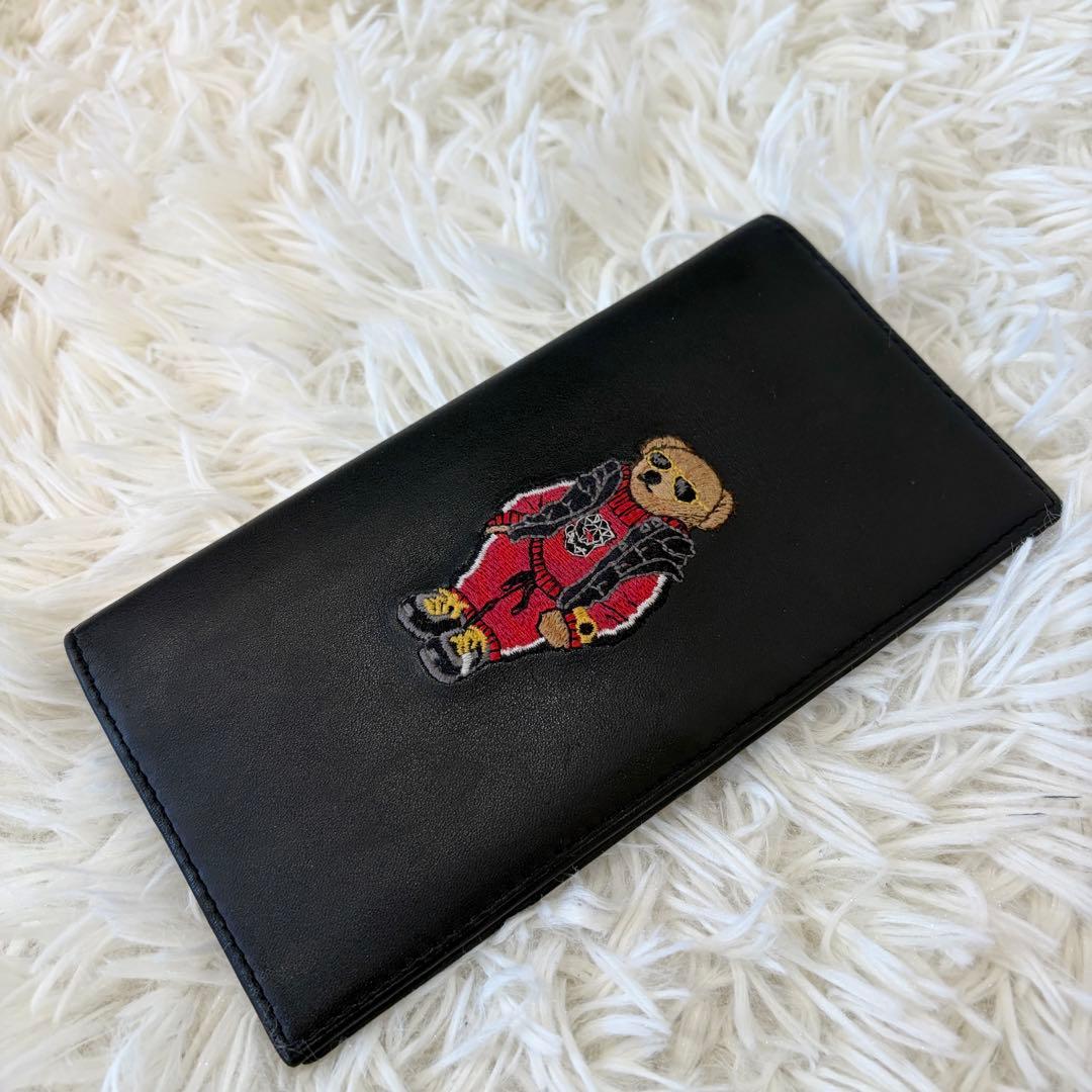 【美品】ポロラルフローレン ポロベア 長財布 オールレザー フラップ 薄型 黒 POLO RALPH LAUREN（ポロ・ラルフローレン） 長財布 財布 レディース